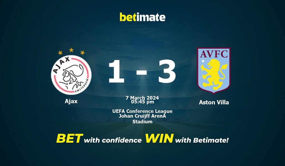 Ajax vs Aston Villa Prediction, Odds & Betting Tips 03/07/2024